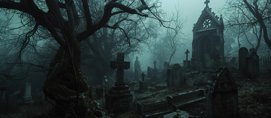 Fototapeta premium An eery view of an old cemetery with cross shaped head stones surrounded by misty fog foggy atmosphere mausoleum