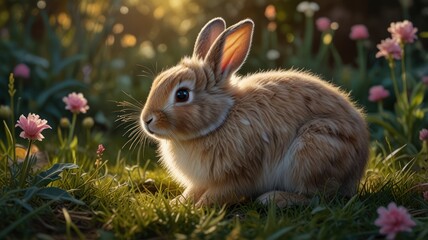 Fototapeta premium A heartwarming scene: a baby rabbit enjoying the beauty of nature.