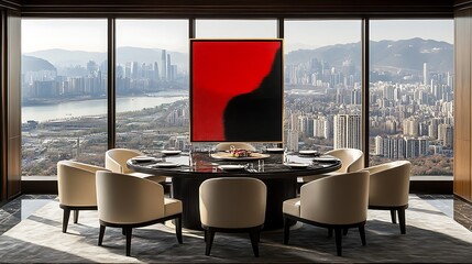 Fototapeta premium Airy Dining Area with Scenic City View