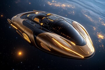 Spaceship with golden accents, gliding through the dark void of space, with its metallic golden hull reflecting distant stars and nebulae