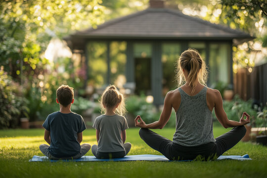 Mother practicing yoga with her two children in a peaceful backyard garden, perfect for yoga and meditation products, parenting blogs, healthy lifestyle advertisements, social media contents - Powered by Adobe