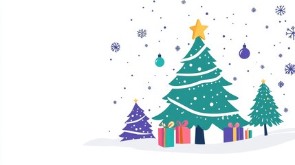 Obraz premium A festive scene featuring decorated Christmas trees and colorful presents, evoking holiday cheer.