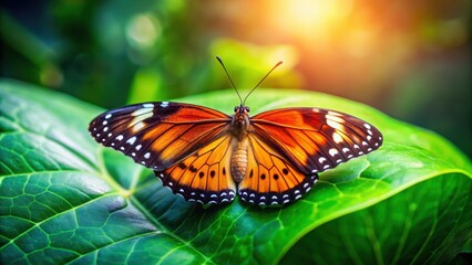 Fototapeta premium Butterfly resting on a vibrant green flower leaf , wildlife, nature, beauty, insect, close-up, colorful, delicate, garden