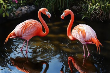 Watercolor painting of flamingos wading in a pond, with their bright pink feathers glowing softly in the sun, set against a calm, reflective water surface