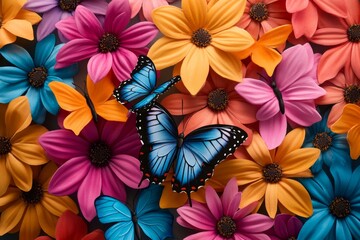 Obraz premium Whimsical watercolor of a butterfly garden, with bright, vibrant colors blending together as butterflies flutter around flowers in a peaceful, dreamy scene