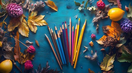An artistic high-resolution image showcasing the process of coloring and handcraft, with colorful pencils and paintbrushes scattered among nature-inspired elements, enhanced by realistic lighting 
