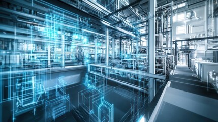 Fototapeta premium Advanced technology in an industrial plant, with computerized systems and digital controls monitoring production, emphasizing innovation.