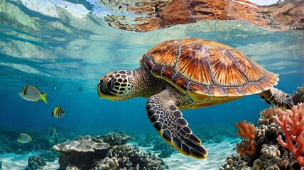 Obraz premium turtle swimming in a vibrant coral reef