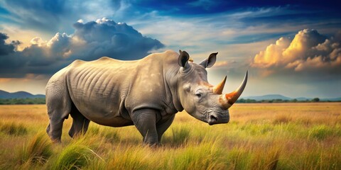 Obraz premium Majestic lone rhino roaming in the wild habitat, rhinoceros, wildlife, safari, savannah, majestic, horn
