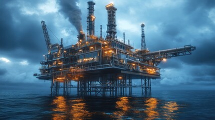 Obraz premium An offshore industrial plant on a platform in the ocean, processing materials and energy, highlighting remote and specialized operations.