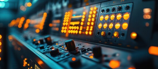 Naklejka premium Close-up of a control panel with illuminated buttons and knobs.
