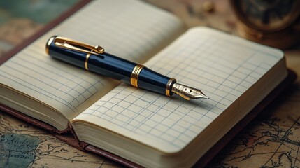 A classic leather-bound notebook with a fountain pen atop showcases a world of creativity and myriad stories waiting to be written.