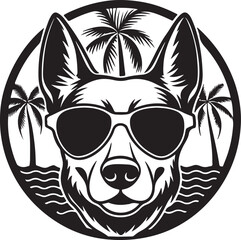 Obraz premium A stylish dog wearing a hat and sunglasses, surrounded by palm trees, featured in a beach-themed t-shirt design