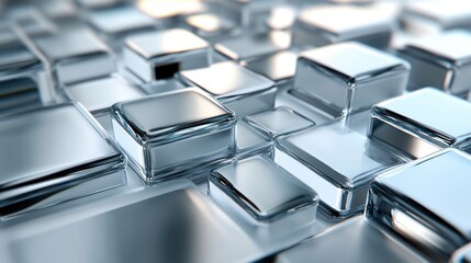 A 3D digital wallpaper with layers of floating glass-like squares and reflections, creating depth.