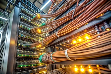 Illuminated Data Cables in Server Racks - Low Angle Portrait Photography