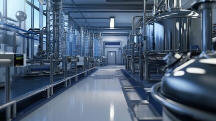 A bioreactor industrial plant, producing bio-based products like pharmaceuticals or biofuels, with advanced equipment and sterile environments.