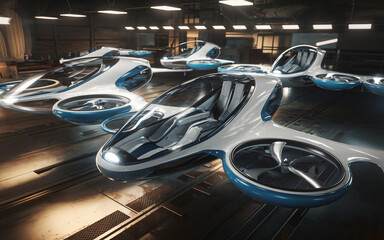 Fototapeta premium Futuristic Flying Cars in Hangar: The Dawn of Urban Air Mobility