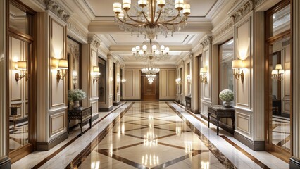 Fototapeta premium Elegant mirrored hallway with chandeliers and marble floors, luxurious, sophisticated, stylish, reflective