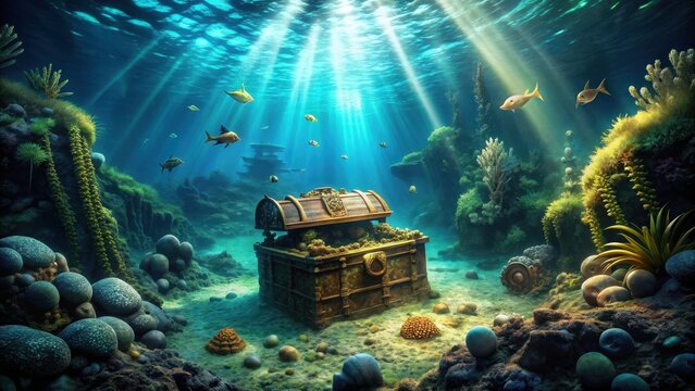 Mysterious underwater world with hidden treasures and ancient artifacts, submerged, secrets, underwater, treasures