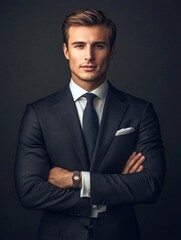 A confident young European businessman, standing with a firm posture, showcasing strength and determination in his business attire.