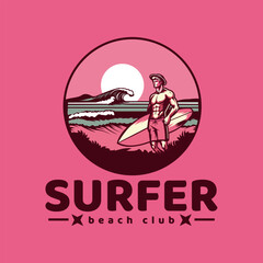 surfer logo with a combination of a man, waves, beach in isolated pink background