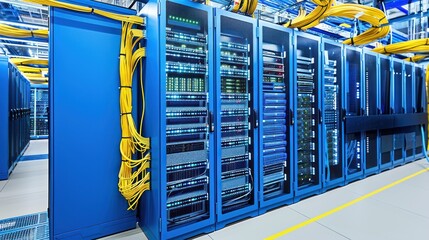 Obraz premium Row of Blue Server Racks with Yellow Cables
