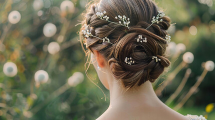 An intricate updo for a bride, with braids and twists adorned with pearl hairpins, perfect for an elegant wedding day.