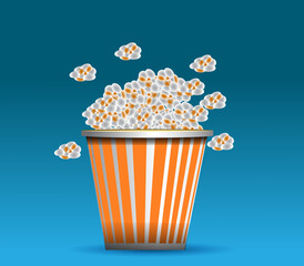 Large square striped popcorn bucket. Realistic illustration of movie snack in package. Template on bue background with text. Concept for fast food producers
