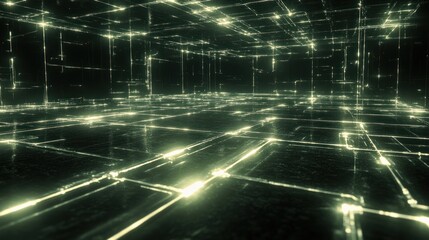 Obraz premium A futuristic 3D digital wallpaper featuring a mesh of interconnected glowing lines in a vast virtual space.