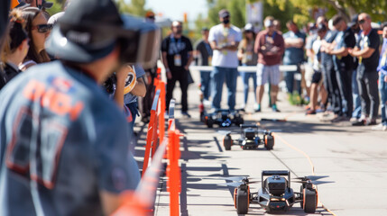 Autonomous vehicle demonstrations and drone races at a tech festival, with tech enthusiasts marveling at the latest innovations in transportation.