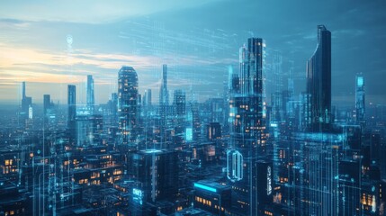 Obraz premium Futuristic Cityscape with Digital Overlays at Dusk