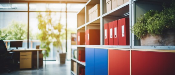 A contemporary office space blends red and blue storage units with natural light, creating a vibrant and efficient work environment.