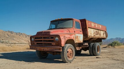 Obraz premium An old, rusty dump truck parked on a dirt road in a mountainous landscape.