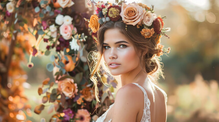 A bride at her boho wedding, wearing a flower crown, standing in front of an earthy-toned floral arch at an outdoor ceremony.