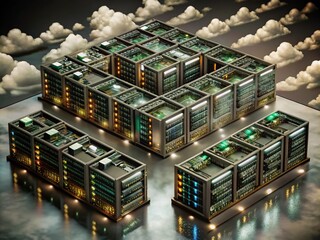 Isometric Illustration of Cloud Computing and Big Data Center in Low Light Photography Style