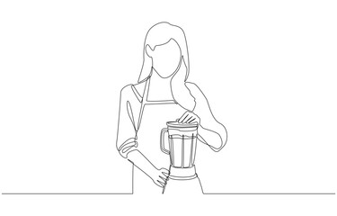 Continuous one line drawing of female vendor using blender to make smoothie, street food concept, single line art.