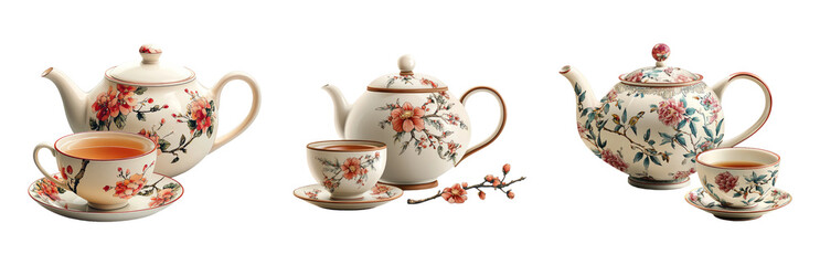 Elegant Floral Tea Sets with Cups and Sauces Isolated on Transparent Background
