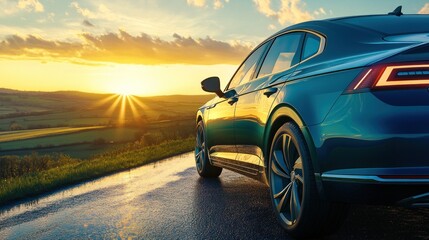 A sleek car parked on a road with a sunset backdrop over rolling hills.