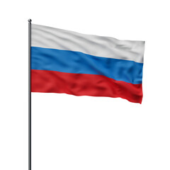 Waving Russian flag on a pole, isolated over a white background. The flag shows a detailed texture of fabric blowing in the wind. 3D Rendering