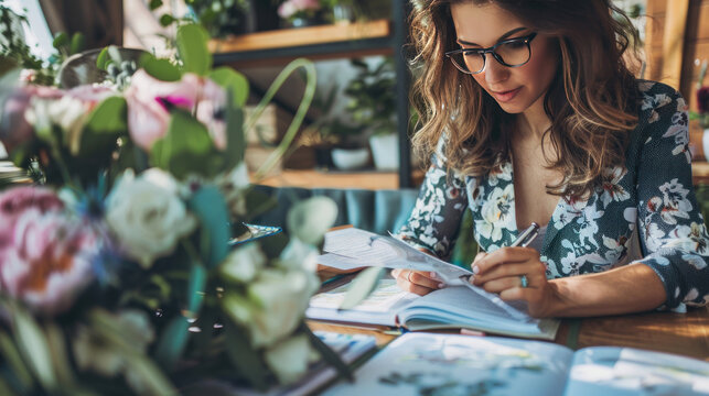 A busy wedding planner coordinating with vendors, reviewing floral arrangements and table settings for an upcoming wedding.