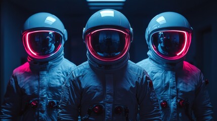 Three astronauts, faces obscured by helmets, stand in a dimly lit room with neon lights reflecting, enhancing the mystery and allure of space exploration.