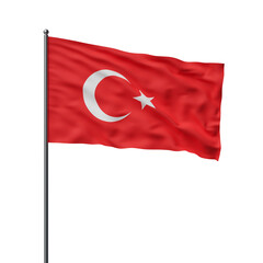 Turkish national flag with crescent and star, waving on a white background. Concept of patriotism, celebration, and government. 3D Rendering.