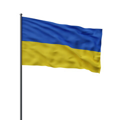 The national flag of Ukraine waves on a flagpole against a white background. Blue and yellow colors are vibrant, symbolizing patriotism. 3D Rendering