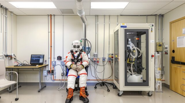 Astronaut in Training Suit Sitting in a Chair in a Laboratory Setting