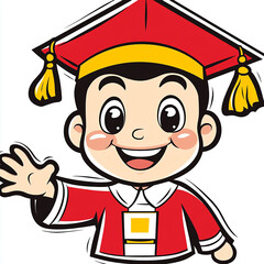 A cartoon graduate student wearing a red cap and gown waves with a smile.