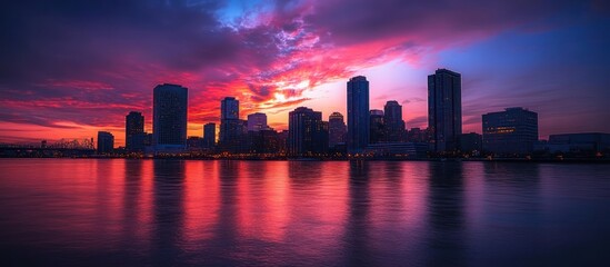 Obraz premium A colorful sunset over a cityscape with skyscrapers reflected in the water.