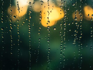 Raindrops on a window pane with a blurred sunset background.