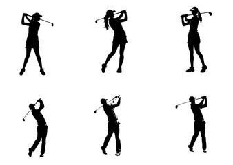 People playing golf in various poses isolated vector silhouette on white backgroun