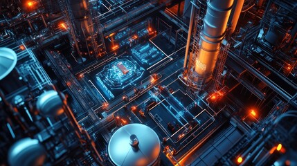 A smart industrial plant with integrated sensors and IoT technology, optimizing production and energy use, showcasing intelligent systems.