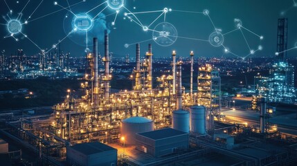 Naklejka premium A smart industrial plant with integrated sensors and IoT technology, optimizing production and energy use, showcasing intelligent systems.